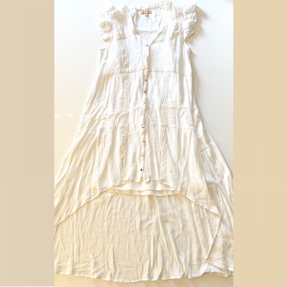 Takara High Low White Crepe Button Down Dress M